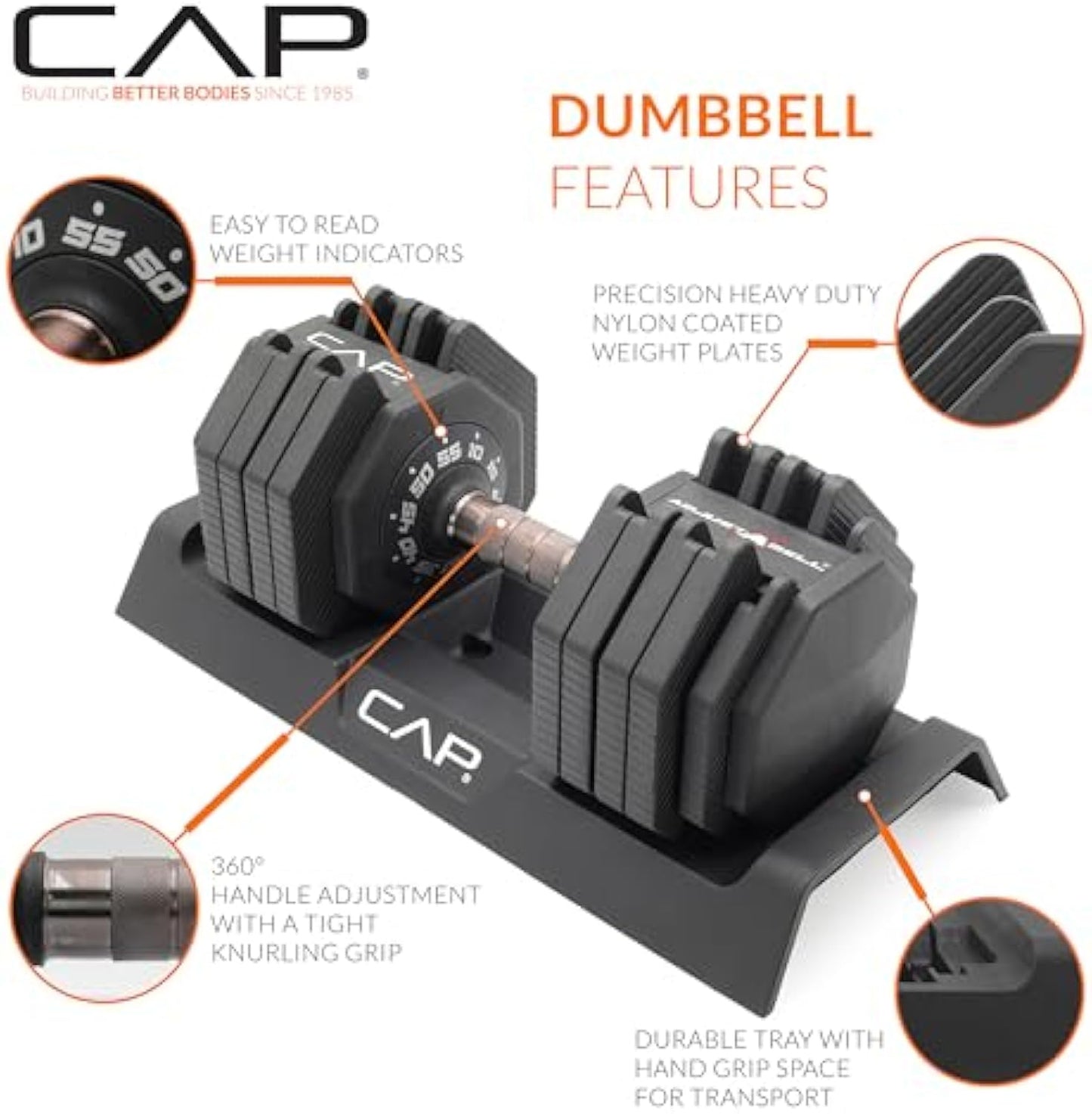 CAP Barbell ADJUSTABELL Adjustable 55 lb Hex Dumbbell Weights - Singles & Pairs | Multiple Handle Options