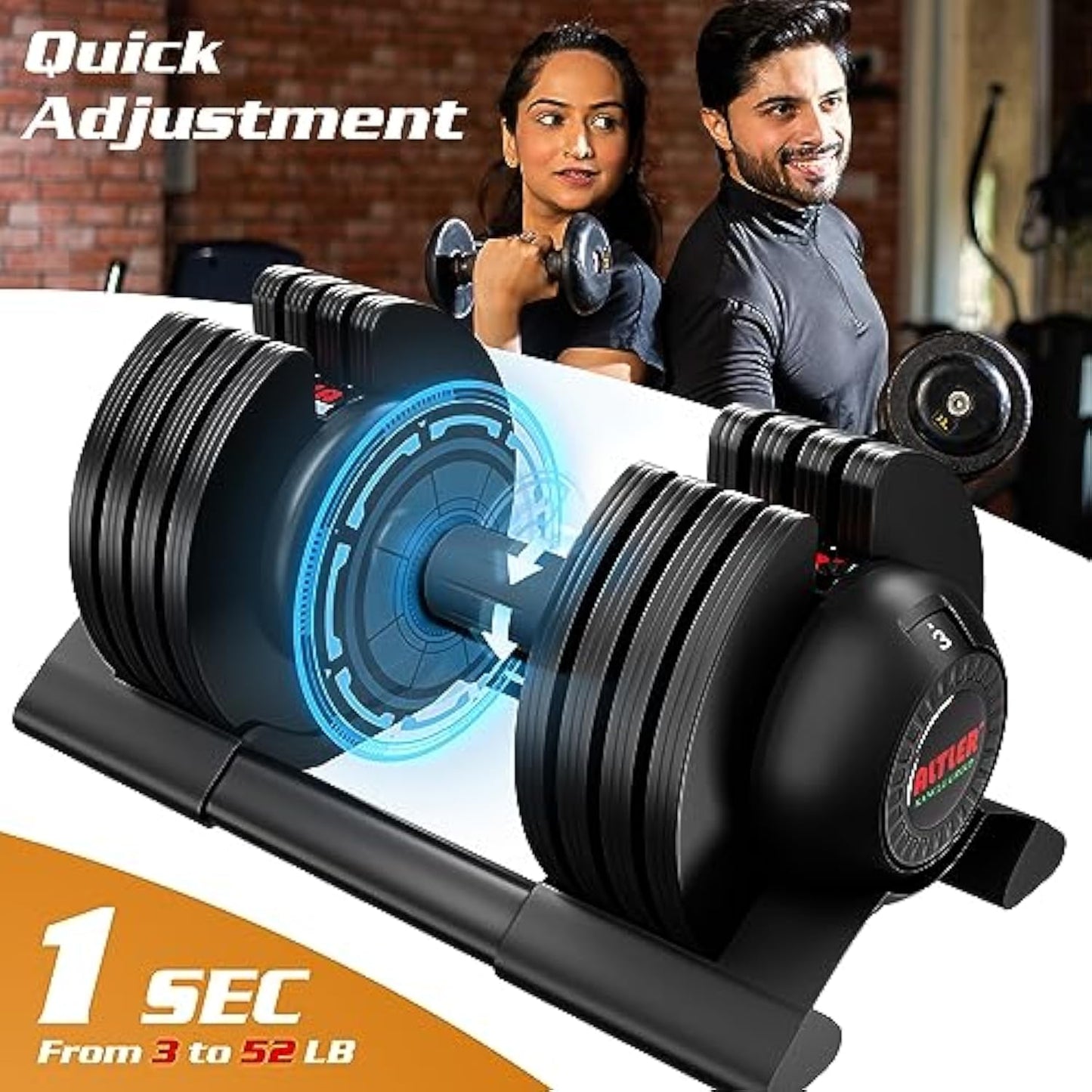 52LB Adjustable Dumbbell Set with Tray for Workout Strength Training Fitness, Adjustable Weight Dial Dumbbell with Anti-Slip Handle and Weight Plate for Home Exercise